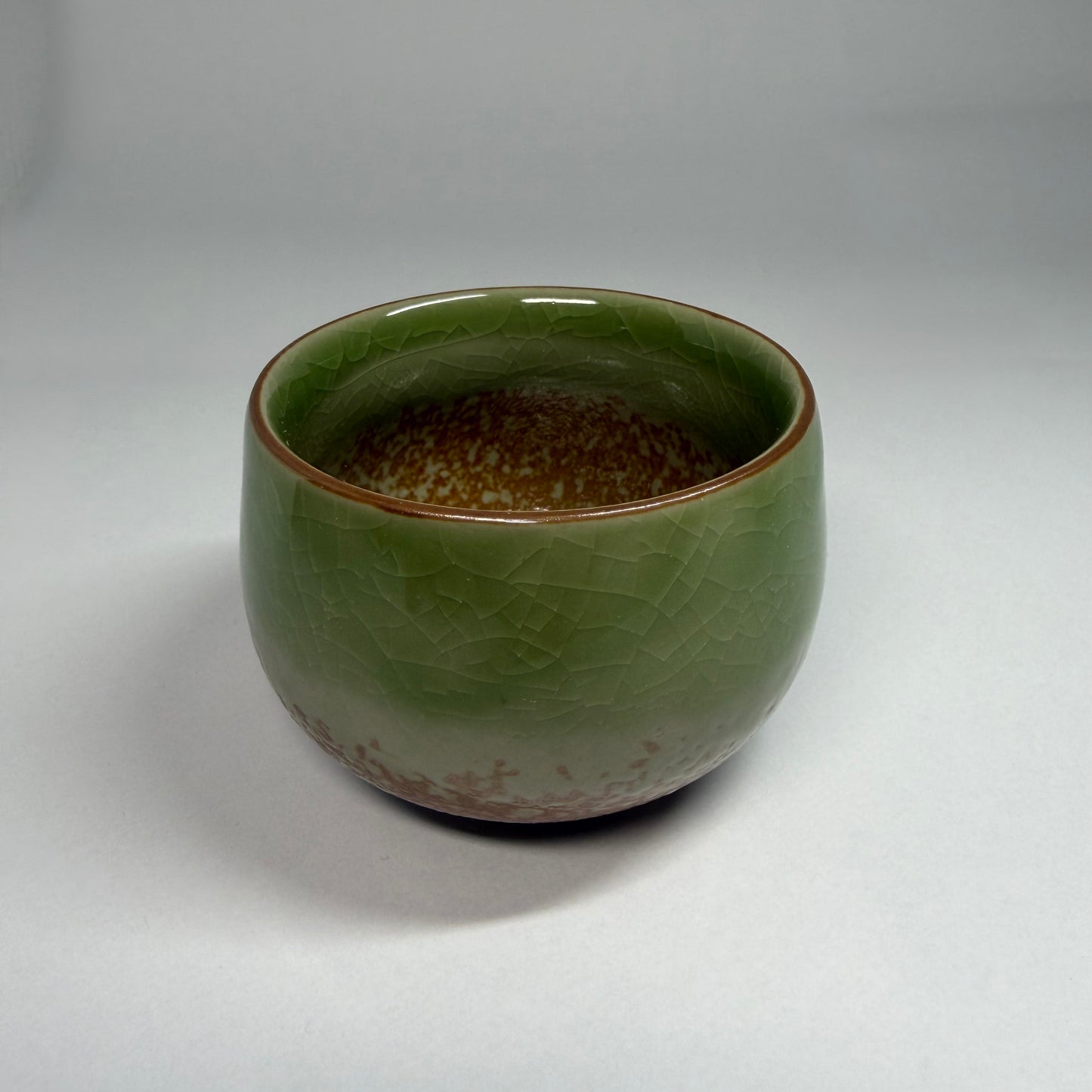 Handmade ceramic Sei Cup – Round tea bowl with wide form and green crackle glaze